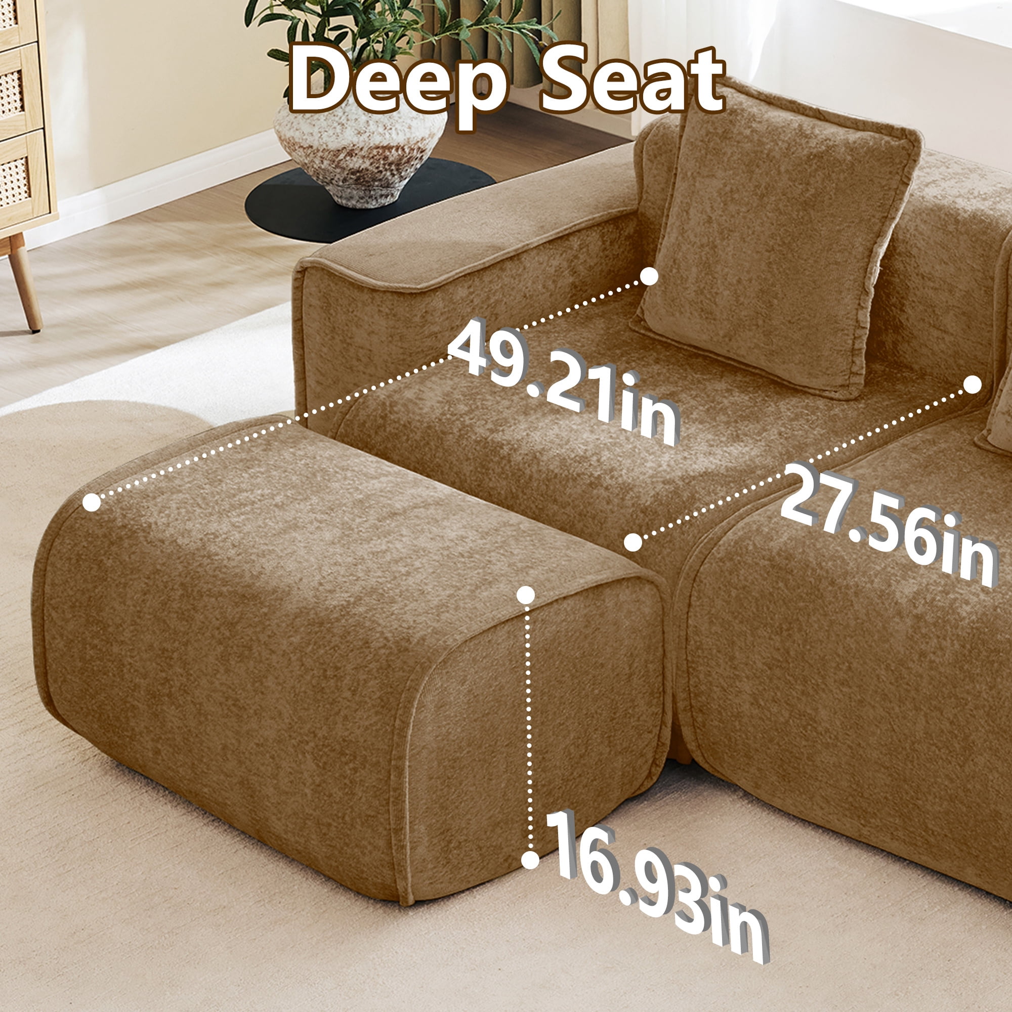 Aukfa 109" Cloud Sectional Sofa Oversized Boneless Couch Modular L-Shaped Sofa with Ottoman for Living Room, Velvet, Brown