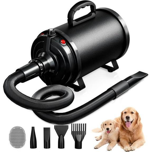Dog Dryer Pet Hair Blower High Velocity for Grooming, Blow 3800W/5.2HP for Large Dogs Sechoir Pour Chien with Stepless Adjustable Speed, 4 Different Nozzles and Dog Brush,Black