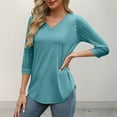 thumbnail image 6 of Lenpel Women's 3/4 Lace Sleeve Tops 2025 Trendy V Neck Solid Color Soft Casual T Shirts Tunic Loose Blouses, 6 of 7