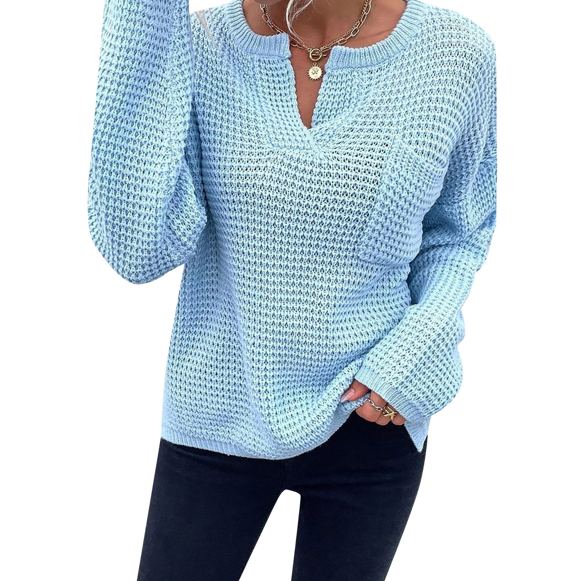 Innerwin Knitted Sweaters Long Sleeve Women Sweater Work V Neck Knitwear Pullover Sky Blue L