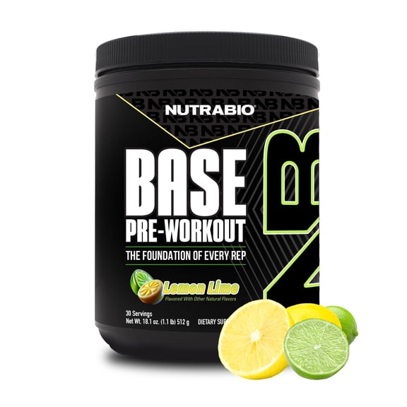 NutraBio Base Pre-Workout Powder 200mg Caffiene, Sustained Energy, Focus, Endurance, Pump, Sugar Free, Clean Preworkout for Men and Women - Beta Alanine, L-Tyrosine, 30 Servings - Lemon Lime