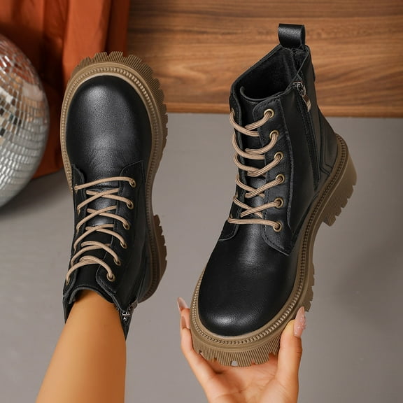 Viluyesy Womens Mid-Calf Moto Boots, Lace-Up Zipper Thick Sole Round Toe Fashion PU Leather Combat Boots Black
