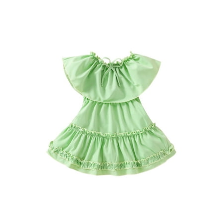 

Frobukio Kids Toddler Baby Girls Off Shoulder Dress Sleeveless Frilly Solid Boat Neck One Piece Dress with Bow Green 4-5 Years