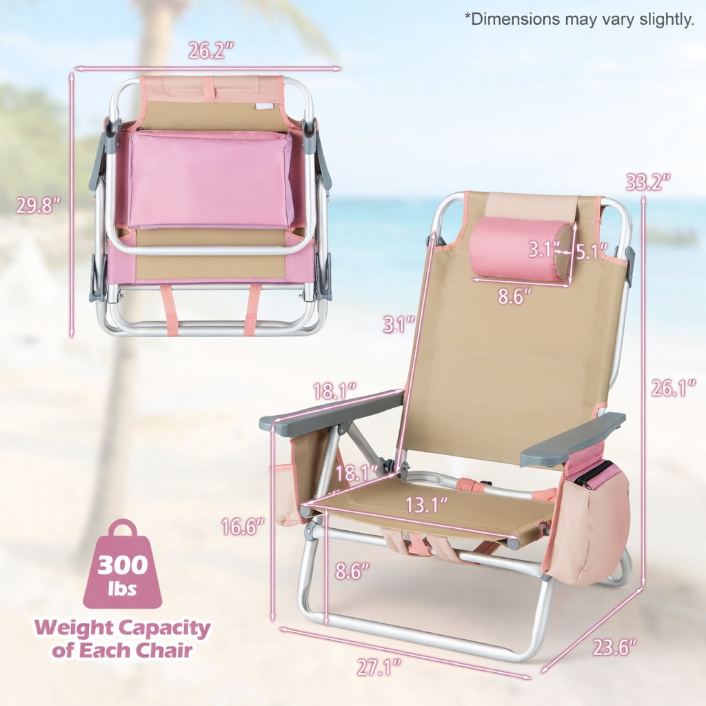 Hommoo 2-Pack Foldable Beach Chair with Adjustable Backrest, Pillow & Carry Bag, Pink