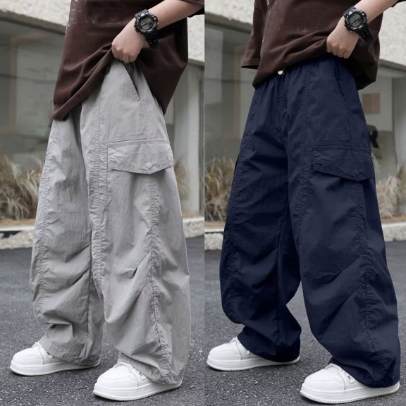 ZHOGXU Kids Boys Cargo Pants High Waisted Solid Color Wide Leg Loose Fit Comfortable Trousers With Pockets For Everyday Wear,Grey,5-6 Years