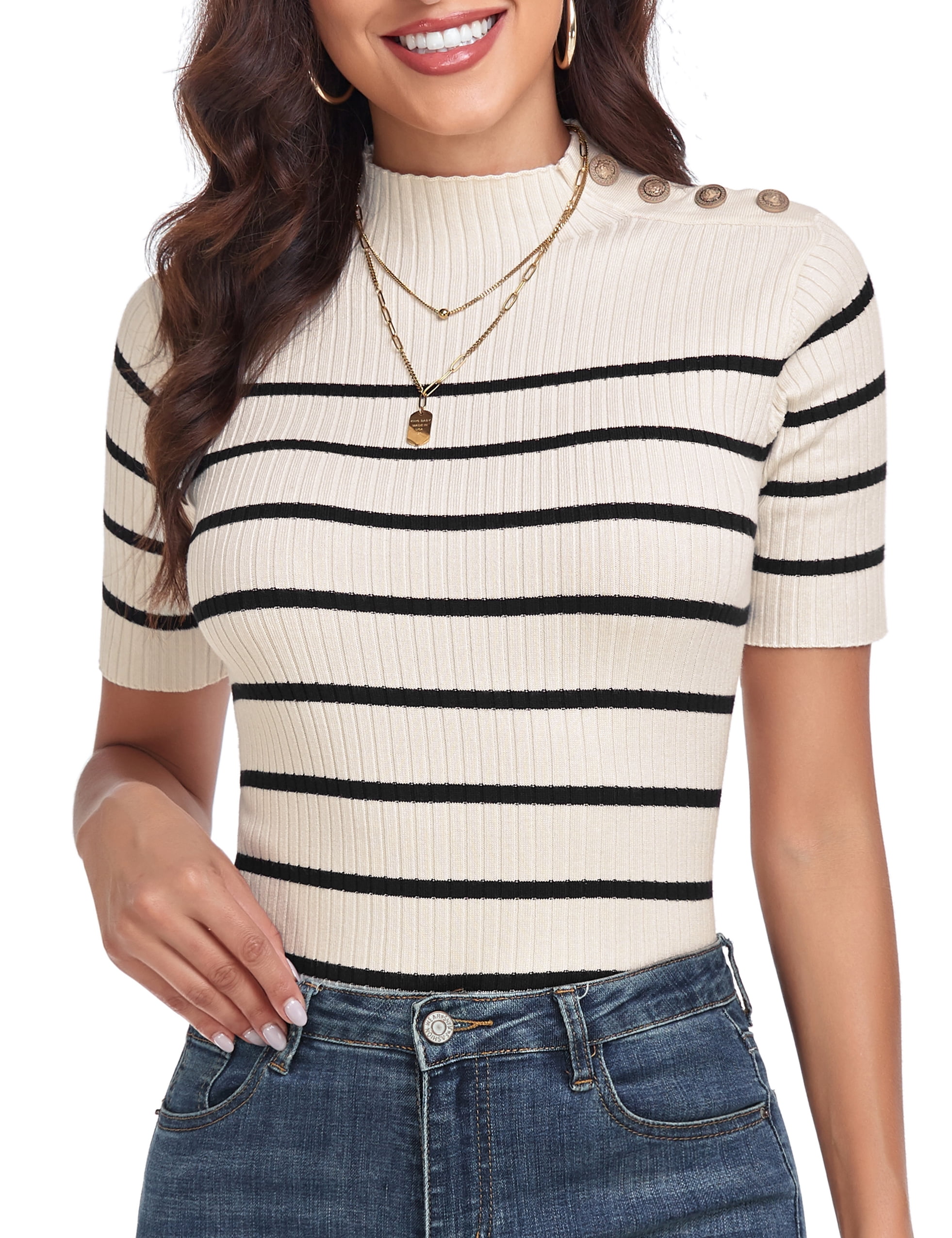 PrettyGuide Women's Short Sleeve Sweater Tops Mock Neck with Button Pullover  Shirt Slim Fit Lightweight Knit Sweater Blouse - Walmart.com