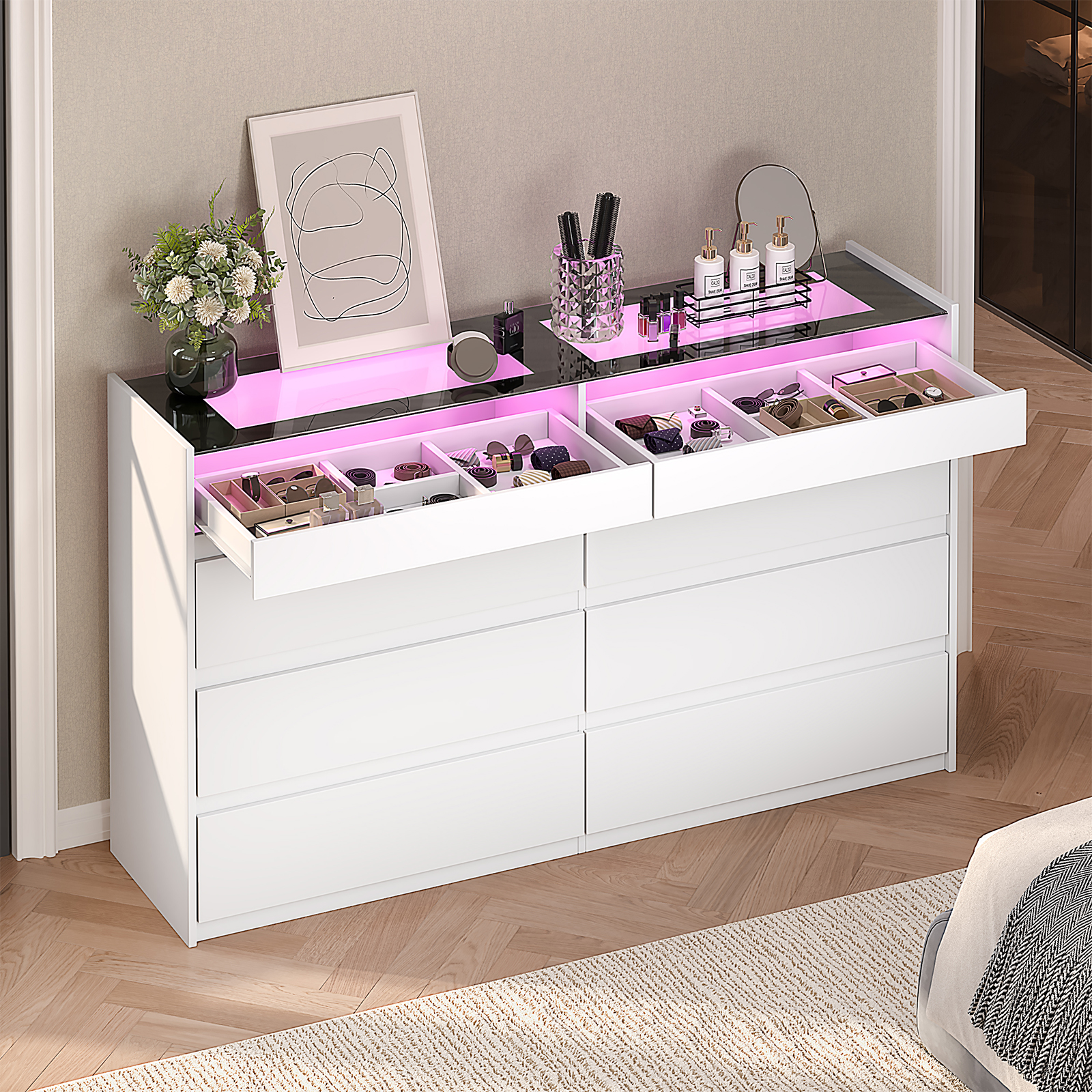 47.2" White 8-Drawer Dresser with LED Light, Modern Storage Chest for Bedroom