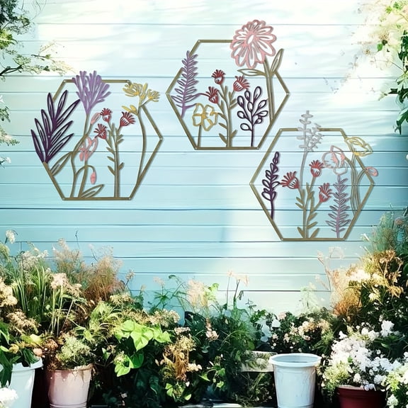 3pcs Metal Flower Wall Decor Minimalist Floral Wall Hanging Decoration, Artistic Floral Decoration for Living Room Bathroom Kitchen Indoor Outdoor (Colorful).Wall Sculptures.