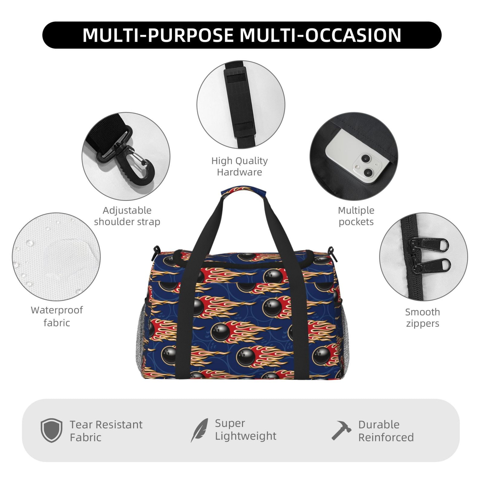 Defioc Bowling Ball And Flame Print Hand Travel Bag - Foldable Travel Duffel Bags for Men Women -Sport Gym Bag - Overnight Travel Duffel Bag - Adjustable Shoulder Strap