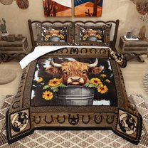 Homewish Teens Farmhouse Highland Cow Full Size Comforter Sets 3-Piece,Cattle Print Bedding Comforter Set,Western Horseshoe Sunflower Lightweight Bedding Sets,Breathable Home Decor