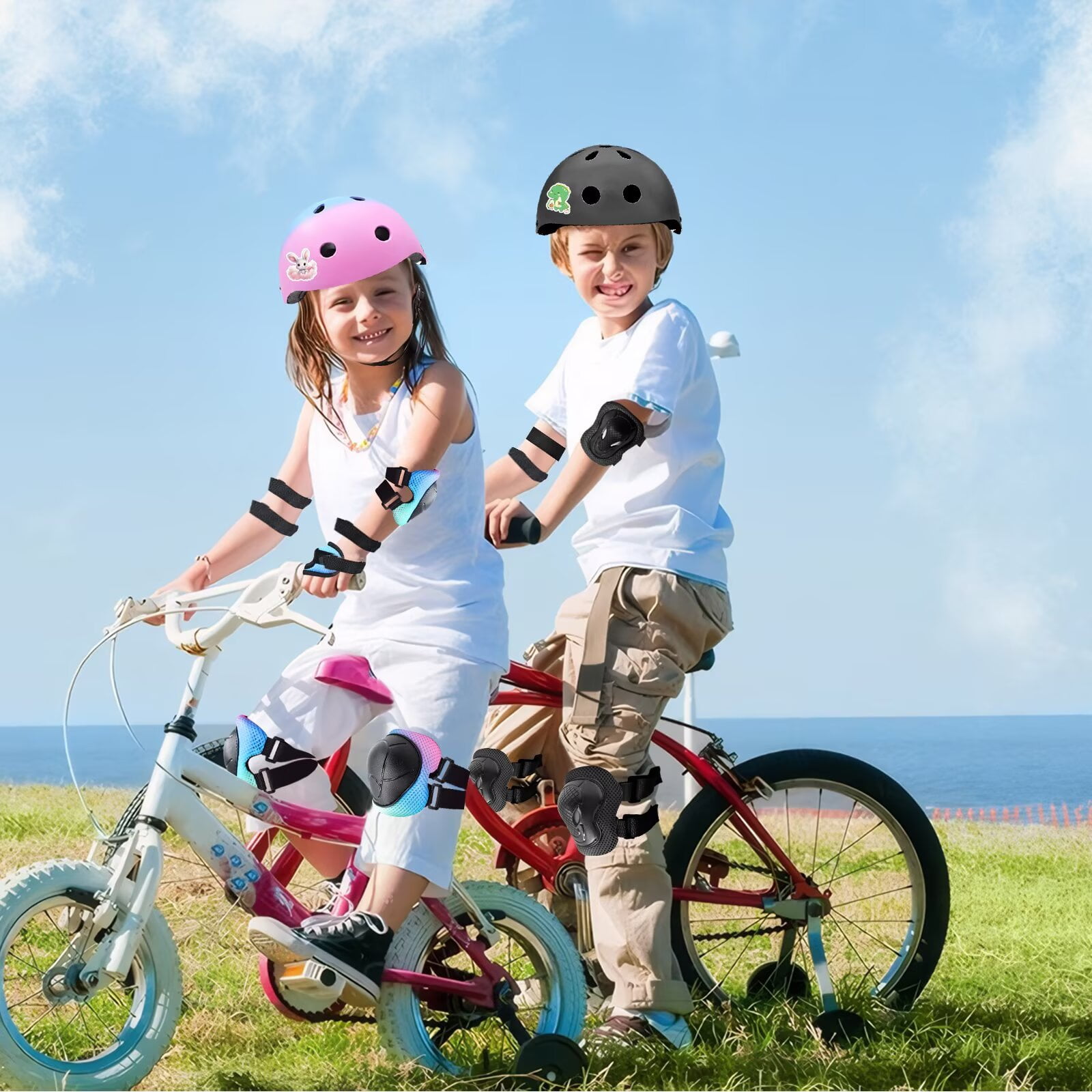 Yiomxhi Adjustable Kids Bike Helmet Set with Knee Elbow and Wrist Pads, Toddler Skateboard Helmet for Ages 3-5-8-14 Boys Girls, Protective Gear Set for Youth, for Scooters Rollerskates