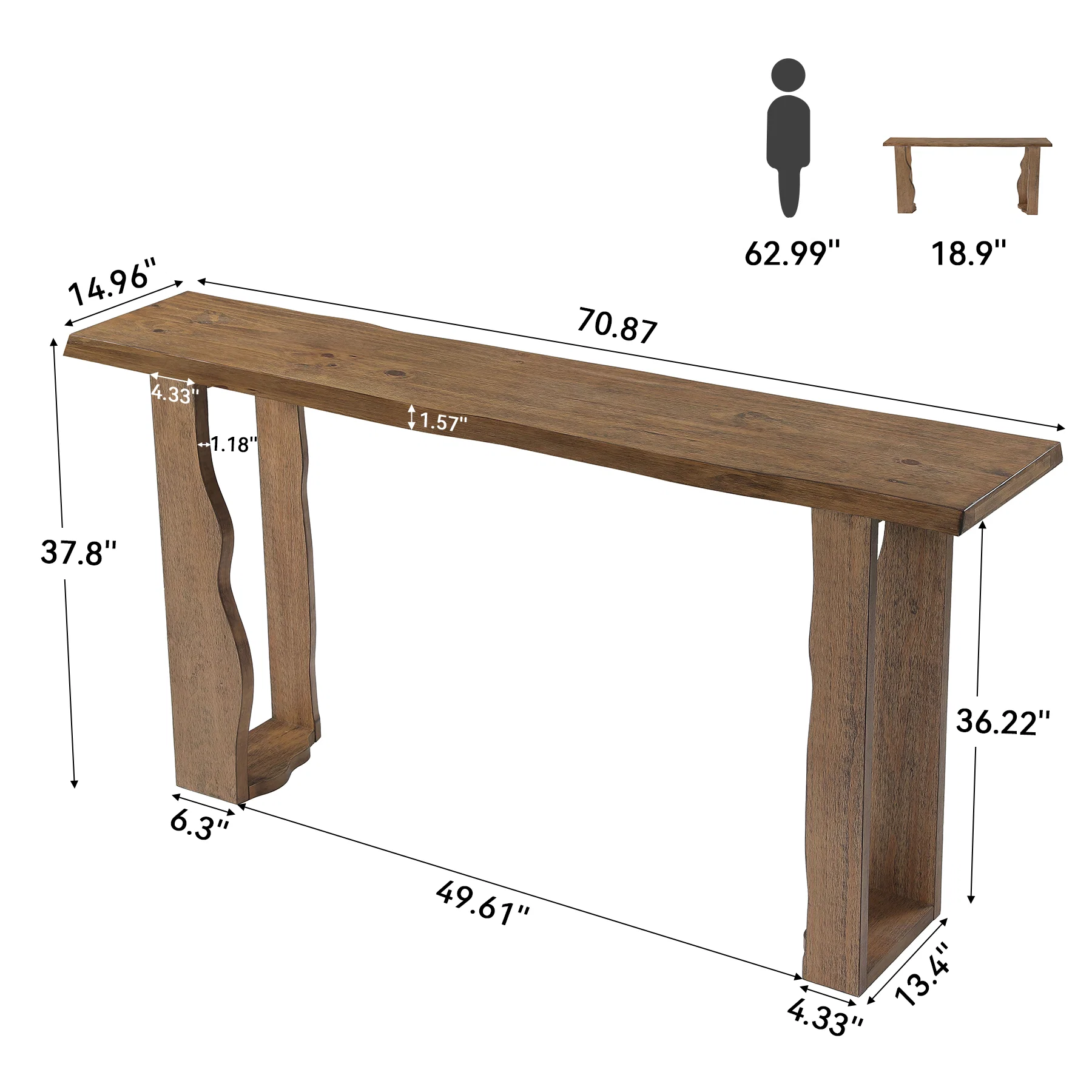 Hommoo Solid Wood Wave-Leg Bar Table, 70.9 Inch Counter Height Pub Table for Kitchen, Basement Bar & Wine Display, Rustic Pine Wood Narrow Dining Table, Natural