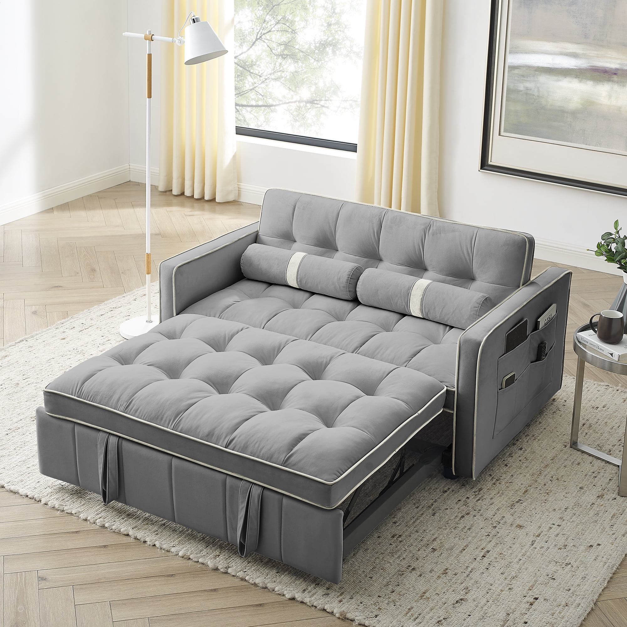 Aukfa Pull Out , Tufted Convertible Sleeper Sofa Sofa for Home Office, Velvet, Gray