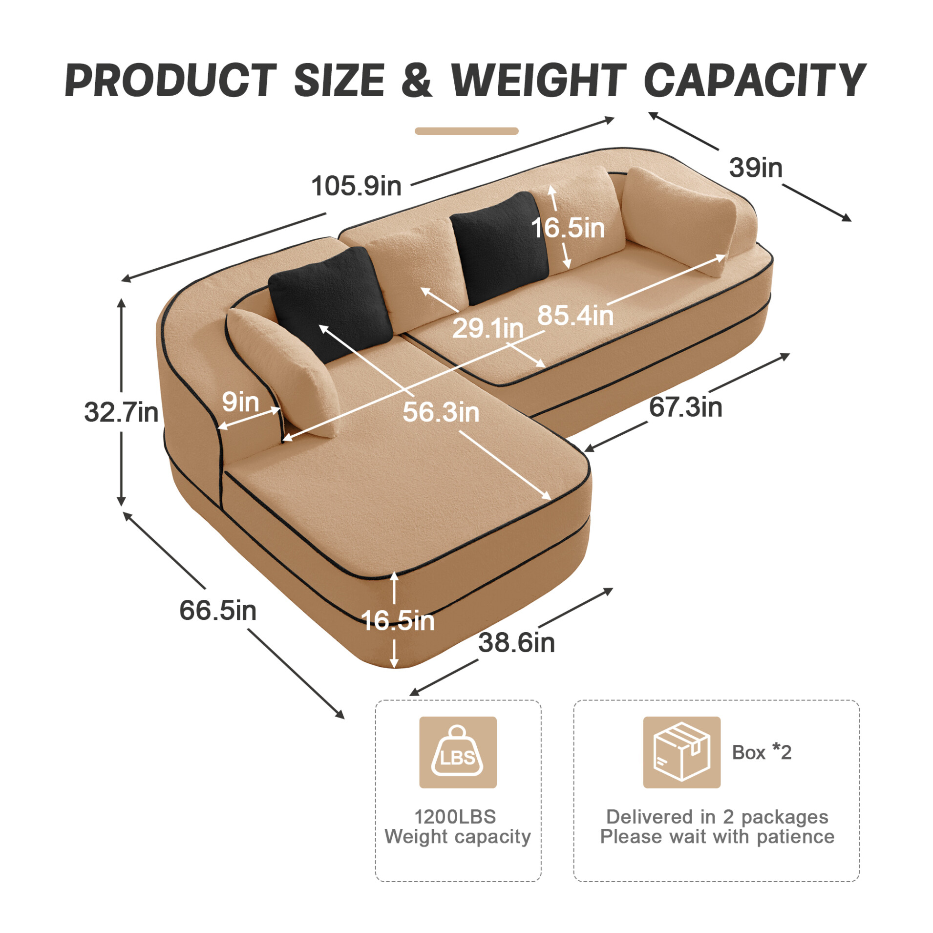 106" Teddy Fabric 32D Boneless Sofa,Modular Sectional Sofa with Curved Armrest,Contrast Color Design with Pillow,Fluffy Comfy Couch with L Shaped Chaise,for Living Room,No Assembly Required,Camel