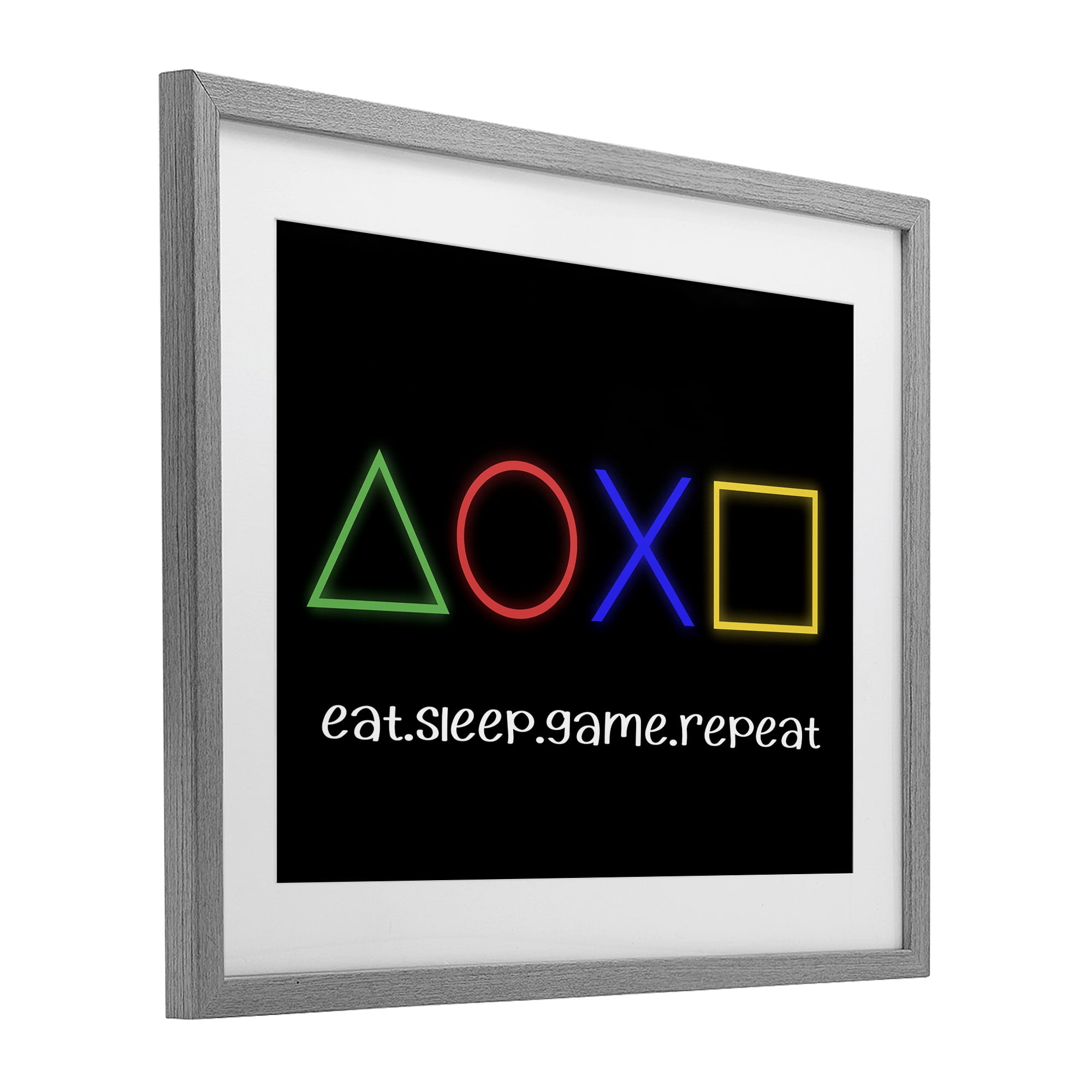 Neon Gaming Symbols & Words Gray Framed Print Under Glass, design by Christine Simpson Art