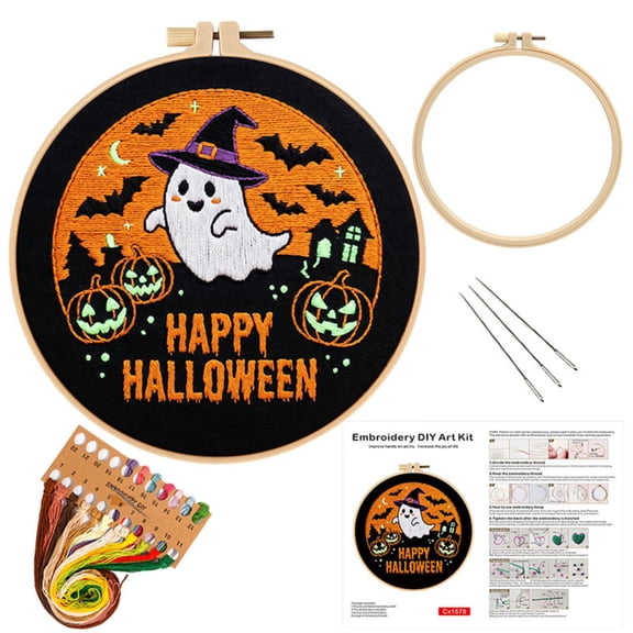 Halloween Decor Indoor DIY Embroidery Kit Hand Sewing Cross Stitch Starter Set with Hoop Spooky Halloween Decorations Festive Home Party Supplies Craft