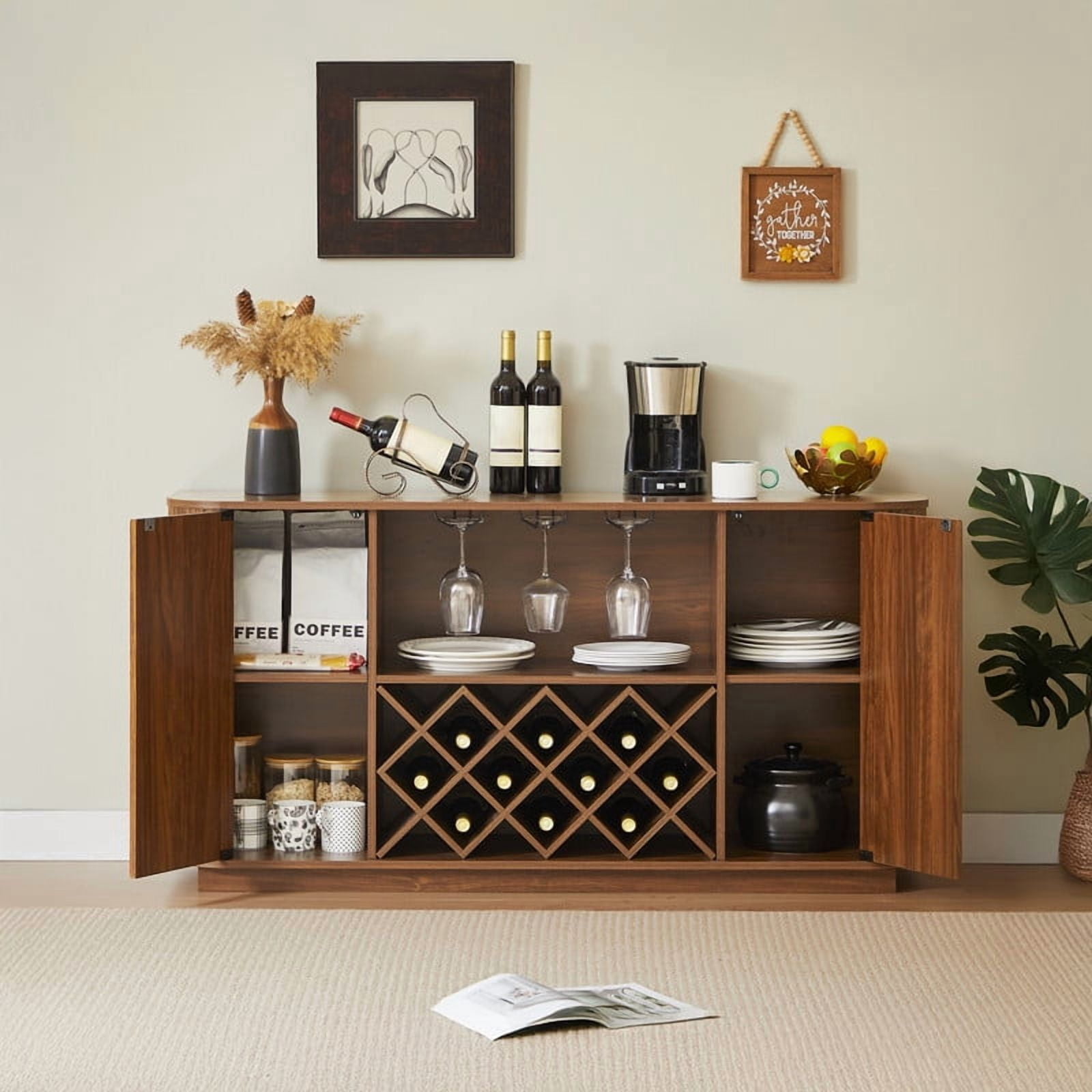 Modern Sideboard Buffet with 2 Wavy Doors, Home Bar Storage Cabinet with Glassware Holder, Wine Rack & Adjustable Shelf