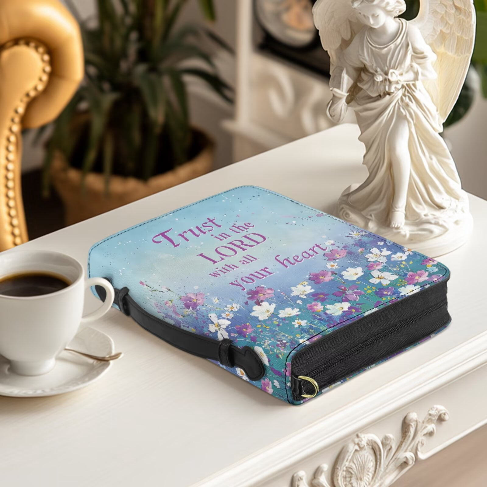 Kuiaobaty Flower Print Bible Covers for Women Men Christian Bible Study Accessories with Bookmark Leather Bibles Carrying Book Case with Shoulder Strap for Christian Daily, Blue