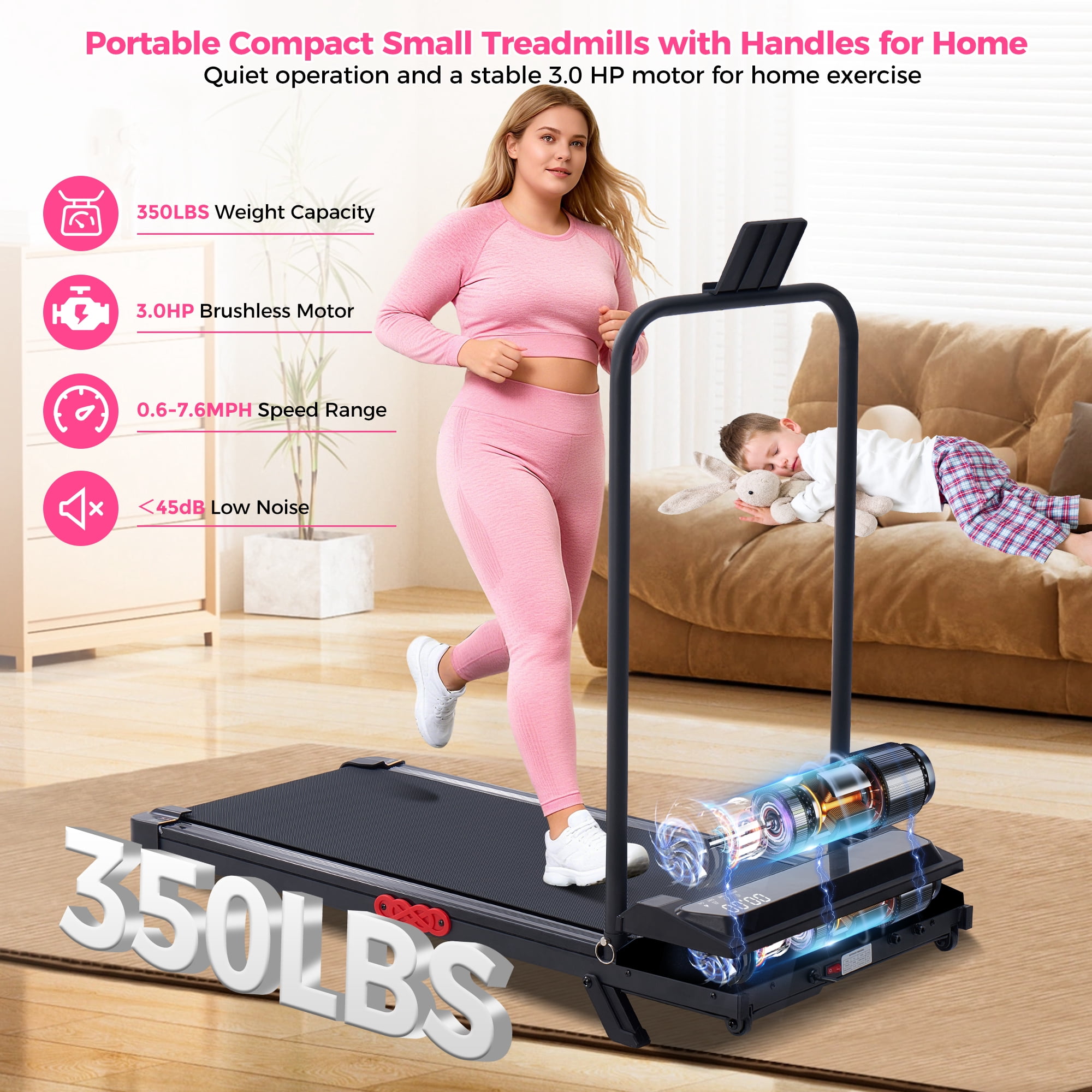 Walking Pad Treadmill with Handle Bar & Incline,3.0HP Compact Portable Treadmills for Home, Electric Walking Pads with Handles,0.6-7.6mph,350lbs