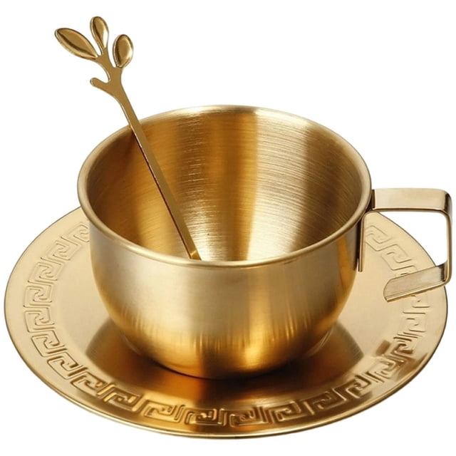 Jiibva Stainless Steel Coffee Cup Set with Saucer Cup Spoon 250ML Coffee Mug for Home Restaurant Cafe Breakfast Afternoon Tea