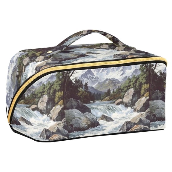 FORMRS Makeup Bag Travel Cosmetic Organizer for Women Fold Flat Zipper Pouch with Handle, River and Mountains