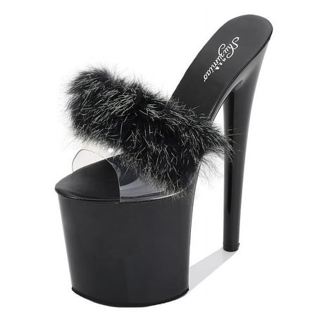 

IELGY Women s high-heeled slippers 20cm heel stiletto furry decoration multicolor round toe