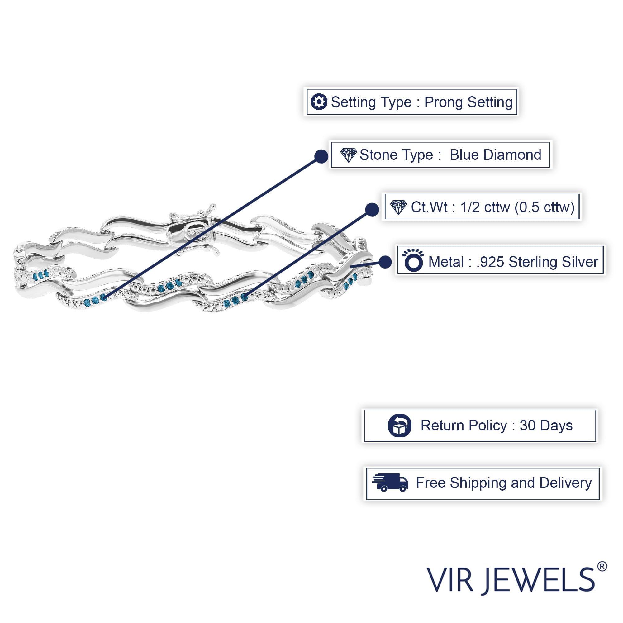 Vir Jewels 1/2 CTTW Blue Diamond Tennis Bracelet .925 Sterling Silver with Rhodium