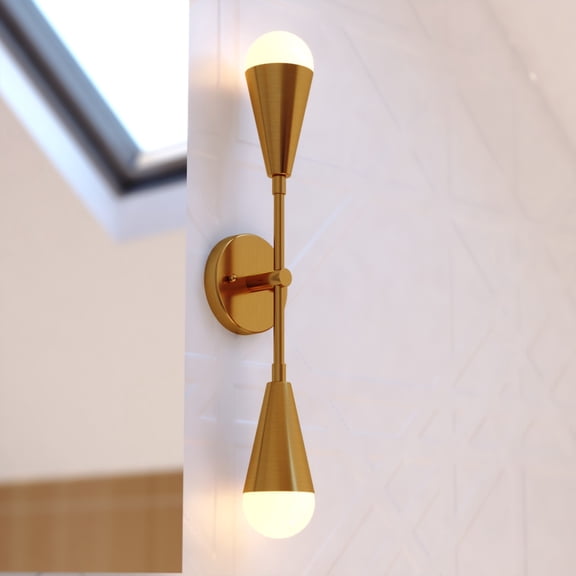 Zurich 2-Light 18 in. Wide Muted Brass Modern Contemporary Wall Sconce with Metal Cone Shade, Dimmable, LED Compatible, Bathroom Vanity Lighting Fixture, Vertical or Horizontal Mount Bath Bar