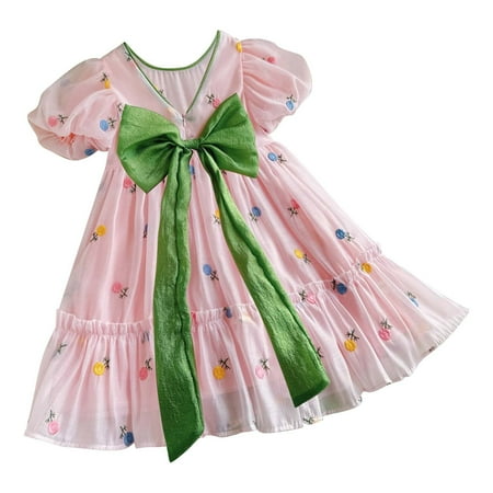 

XIEULQP Summer Dress Kids Girl s Print Candy Colored Bow Mesh Dress Puff Sleeve Flared A Line Dress Flower Girl Dress Pink