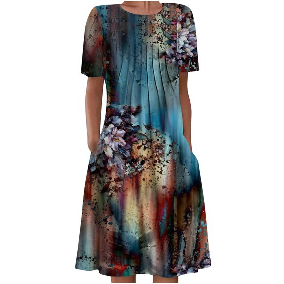 Dyegold Womens Sundresses Summer Casual Boho Pleated Knee Length Swing Aline Midi Party Beach Dress Floral Print Short Sleeve Sun dresses for Women Plus Crewneck Dresses Vacation