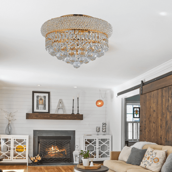 Crystal Chandelier Flush mount lighting 4 lights modern design 16"x8" in Gold color with original Crystals