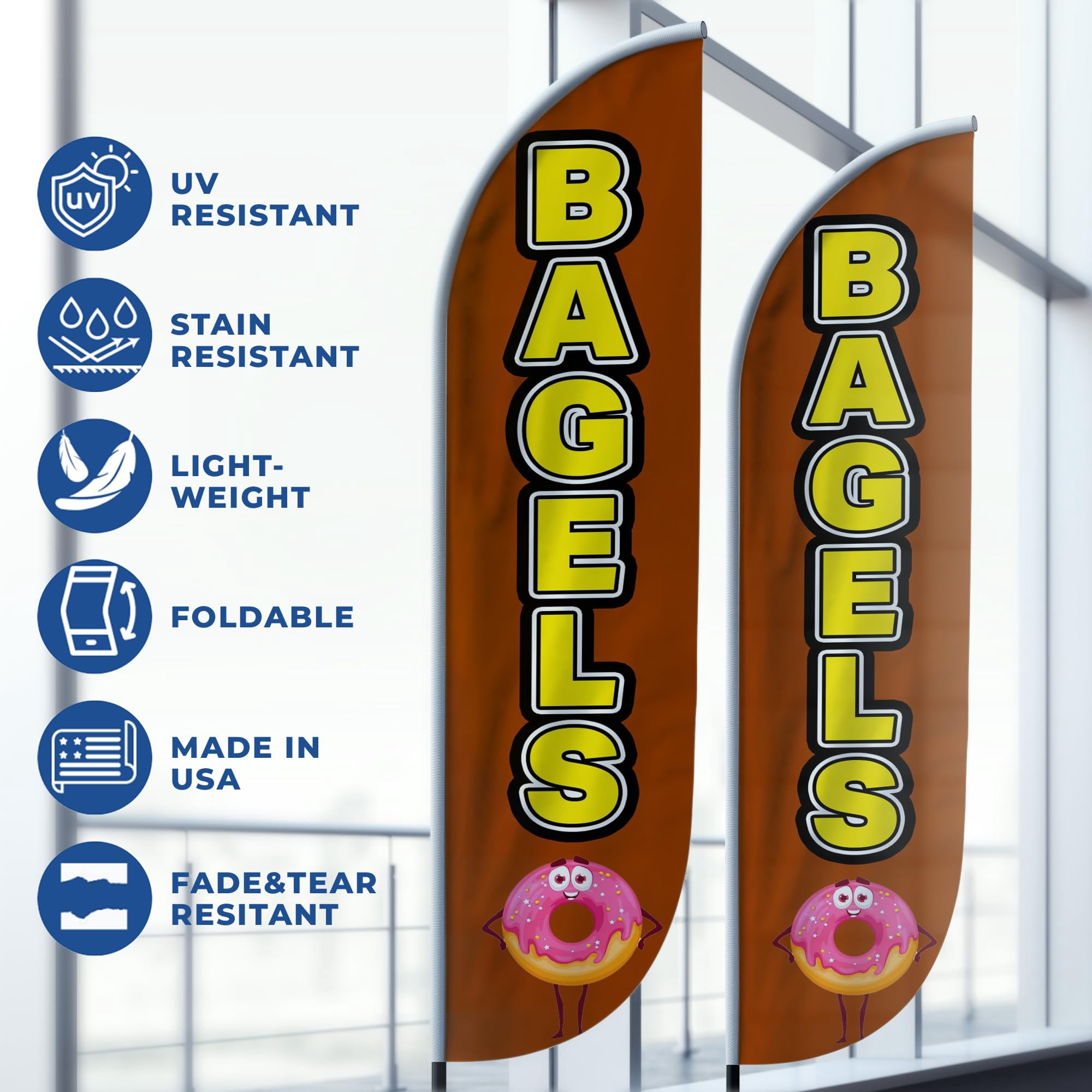 Bagels Feather Flag(11.5feetX2.5feet) by DreamController | Outdoor Business Advertising Tall Flag | Weather-Resistant Knitted Swooper Flag | Made in USA | HD Print (Flag Only)