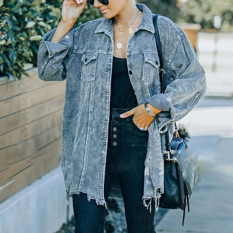 HAPIMO Sales Corduroy Denim Jacket for Women Long Sleeve Button Down Solid Jacket Womens Lapel Bust Pocket Outwear Girls Fall Fashion Tops Casual