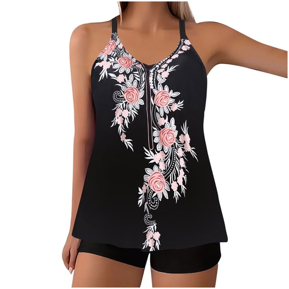 Qingpeng Printed Tankini Swimsuits for Women Tummy Control Tankini Swimwear Tank Top with Boyshorts Two Piece Bathing Suits