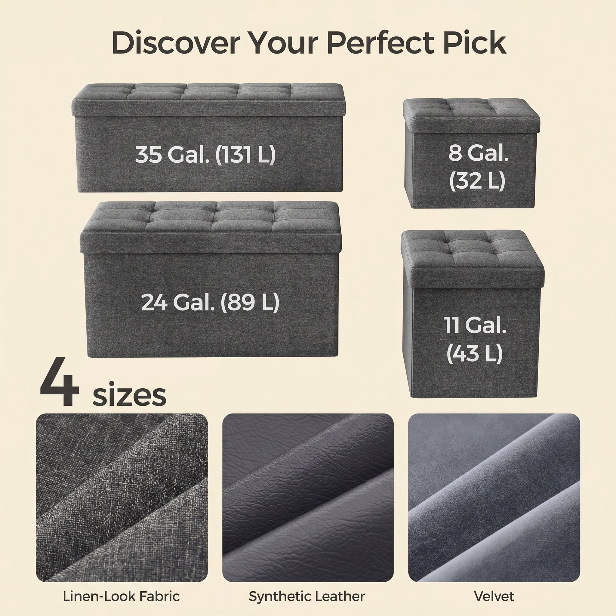 Nordic Hygge Folding Storage Ottoman, Dark Gray