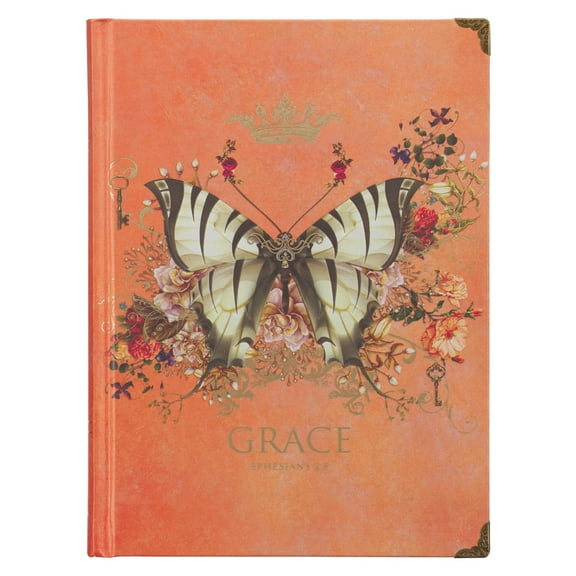 Christian Art Gifts Butterfly Journal w/Scripture Grace Eph. 2:8 Bible Verse Road/288 Ruled Pages, Large Hardcover Orange Notebook