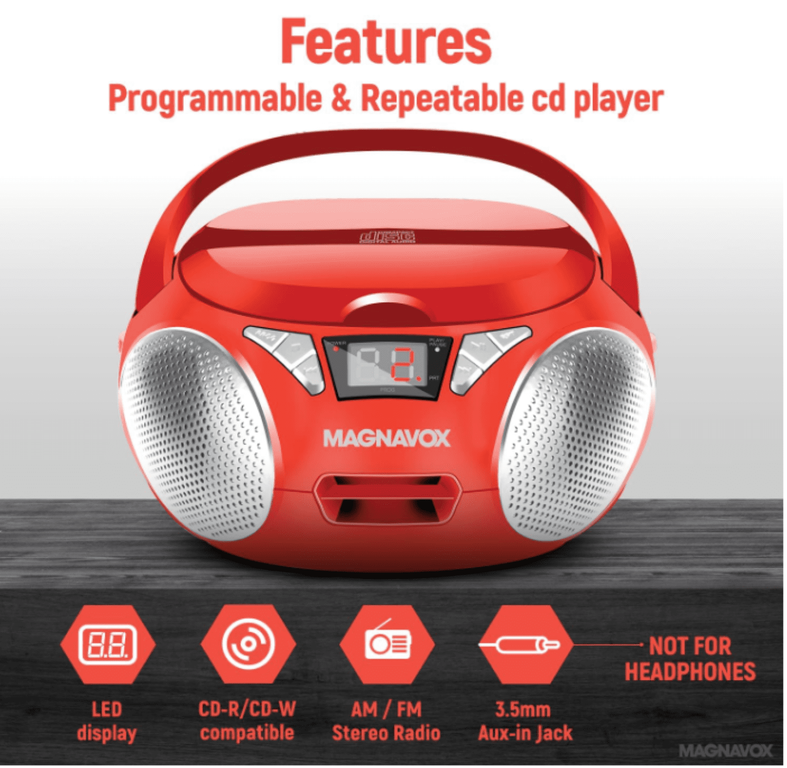 Magnavox Portable CD Boombox with FM Stereo Radio, Top-Loading CD Player, AUX Input, LED Display, AC/DC Power, Battery Operated Boombox, Red