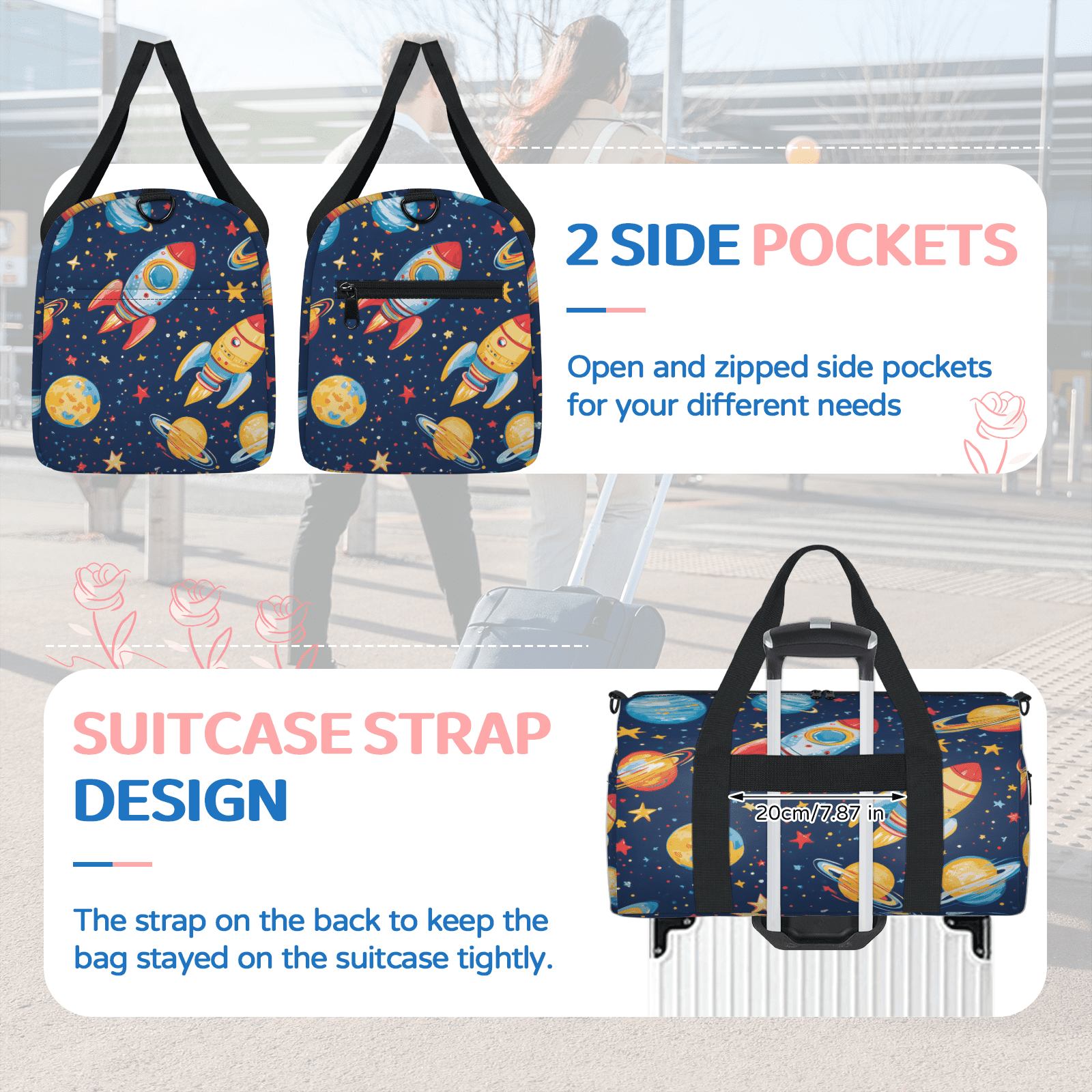 Herdesigns Universe Planet Rocket Gym Bag for Women, Duffle Bag for Travel Sport, Outer Space Lightweight Waterproof Carry on Weekender Dance Yoga Workout Bags