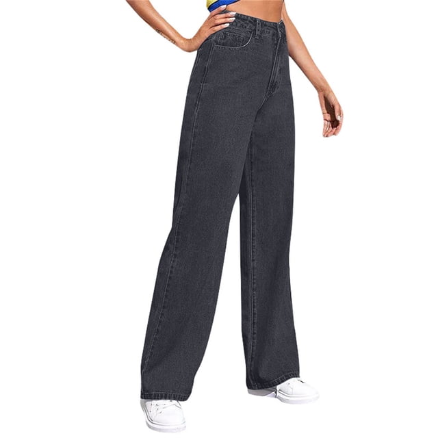 aidice Pants for Women Denim Button Zip Elastic Waisted Fitting Classical Straight Leg Pants with Pockets