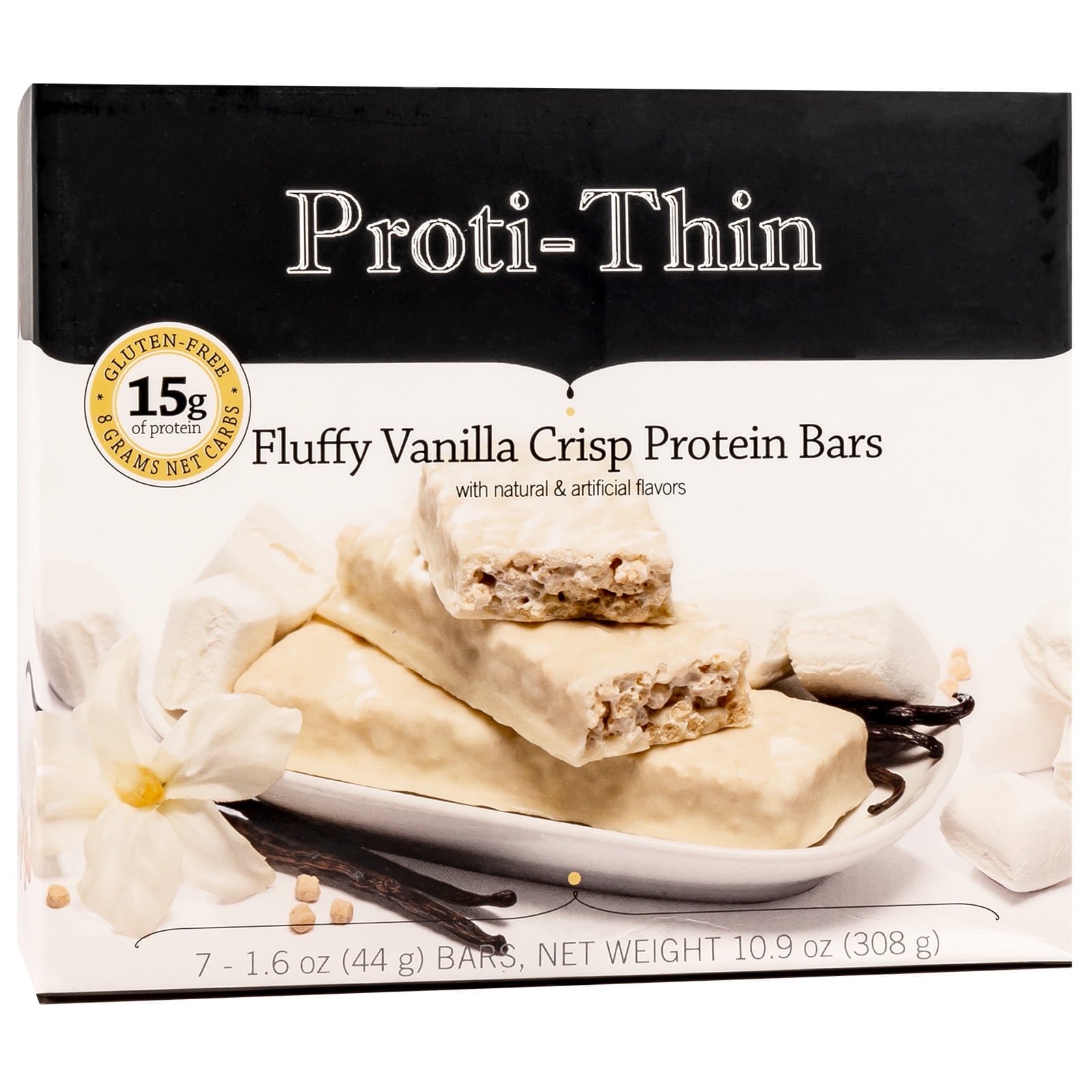 Proti-Thin Fluffy Vanilla Crisp HHA1 Protein Bars, 15g Protein, Calorie, Very Carb (VLC), Fat, High Fiber Snack Bar, KETO Diet Friendly, Ideal Protein Compatible, No Gluten Ingredients, 7 /Box