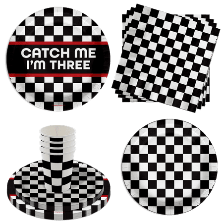 Catch Me I'm Three Checkered Flag Racing 3rd Birthday Party Supplies 64 Piece Tableware Set Includes Large 9" Paper Plates Dessert Plates, Cups and Napkins Kit for 16