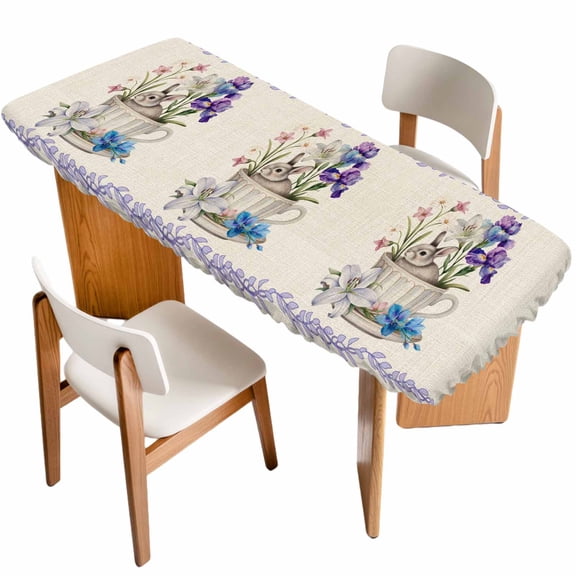 Spring Easter Table Cloths for 8 Foot Rectangle Tables, Retro Rabbit Cup Botanical Purple Leaves Patio Waterproof Elastic Fitted Tablecloths, Washable Rectangular Table Cover for Camping