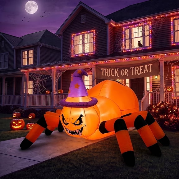 Glazina 6FT Halloween Inflatable Spider with Witch Hat, Built-in LEDs Outdoor Blow Up Yard Decor