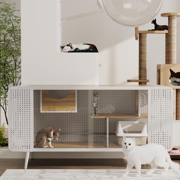 Spacious Cat House Furniture, Cat Kennel Cabinet with 2 Sliding Tempered Glass Doors and Multi-Level Shelves, for Living Room and Study, White Finish
