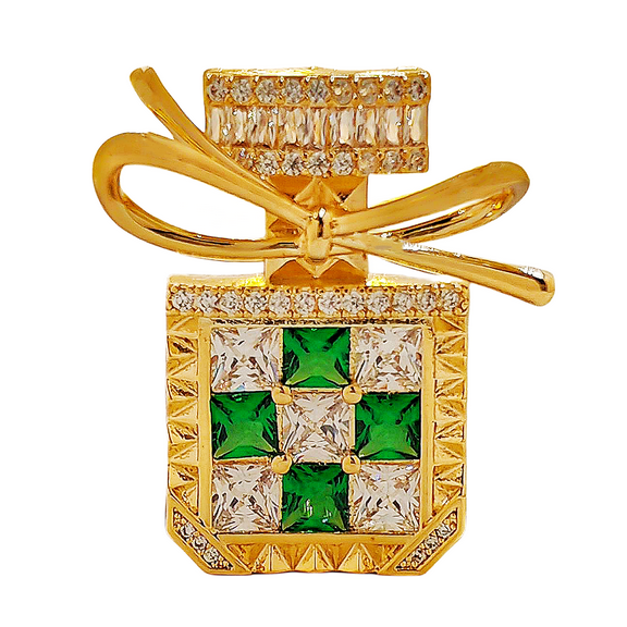 Perfume Bottle Green, Clear CZ Brooch Pin, Gold-toned