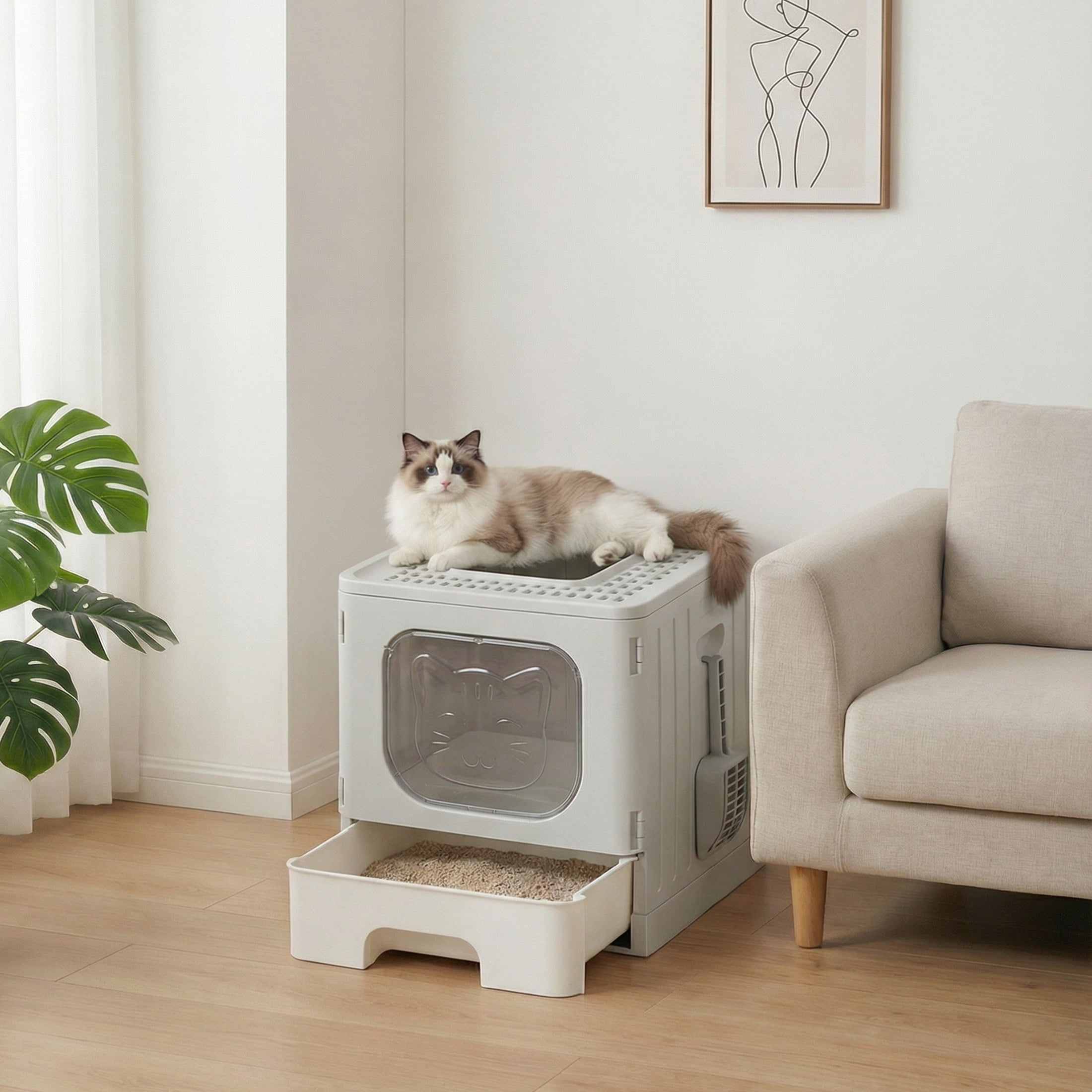 EDX Large Foldable Cat Litter Box with Lid, Enclosed Anti-Splashing Cat Box with Litter Scoop, Front Entry Top Exit Kitty Litter Box with Door, Drawer Design, Easy Cleaning & Odor Control, Gray