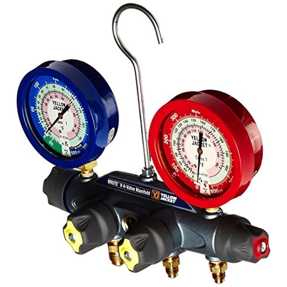 Yellow Jacket 46011 Brute II 4-Valve Manifold with Liquid Gauges, psi, R-22/410A