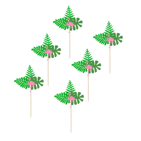 MLINS 6pcs Green Leaf Flamingo Cake Picks NonWoven Fabric Decorations for Hawaii Summer Parties