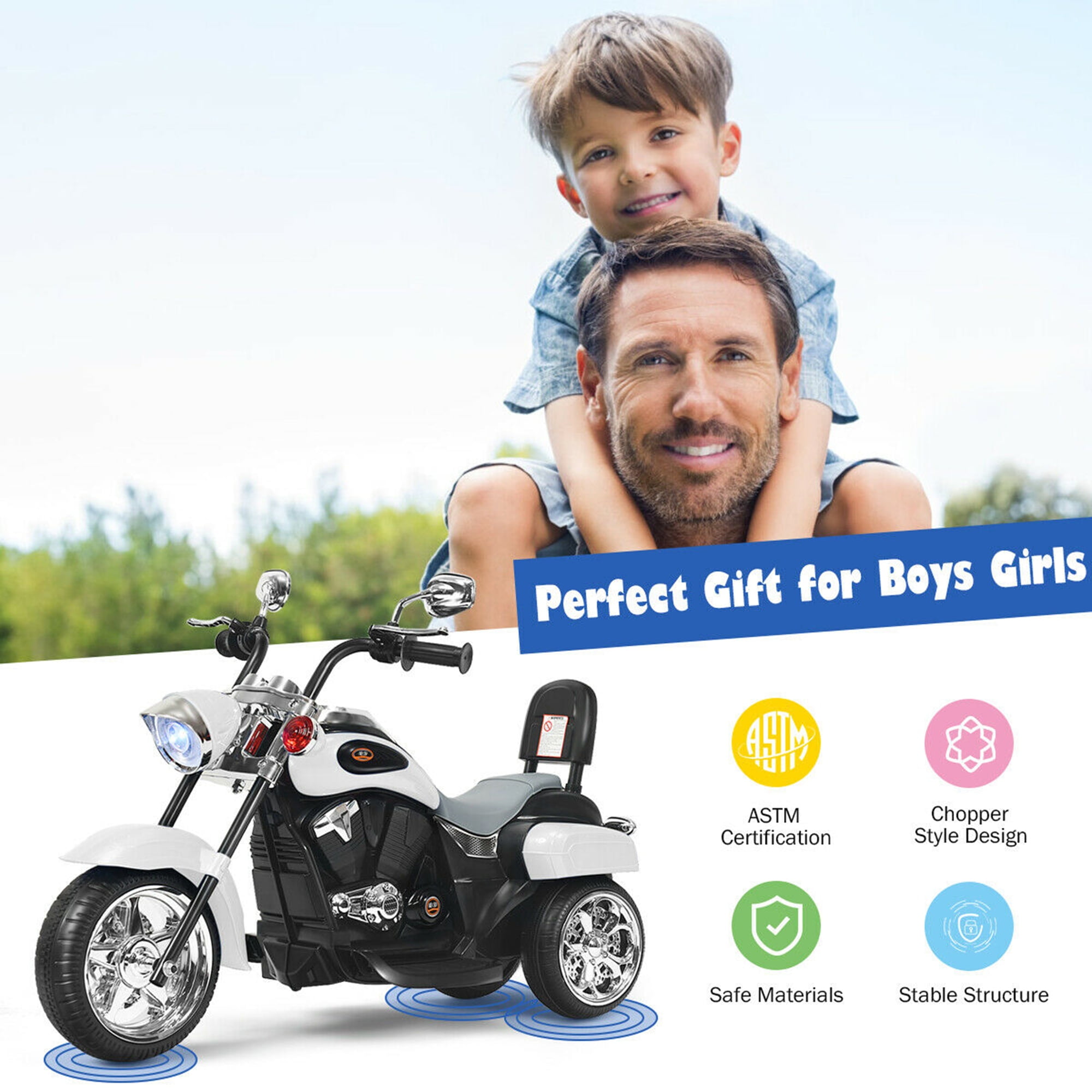 Gymax 6V Kids Ride On Chopper Motorcycle 3 Wheel Trike with Headlight White