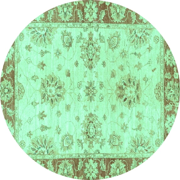 Ahgly Company Machine Washable Indoor Round Oriental Turquoise Blue Traditional Area Rugs, 3' Round